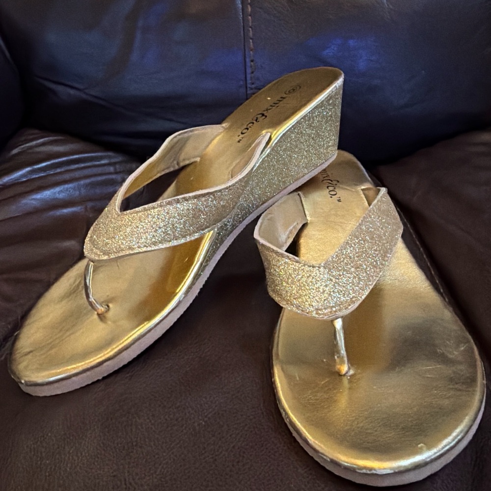 Gold Glitter Wedge Thong Sandals